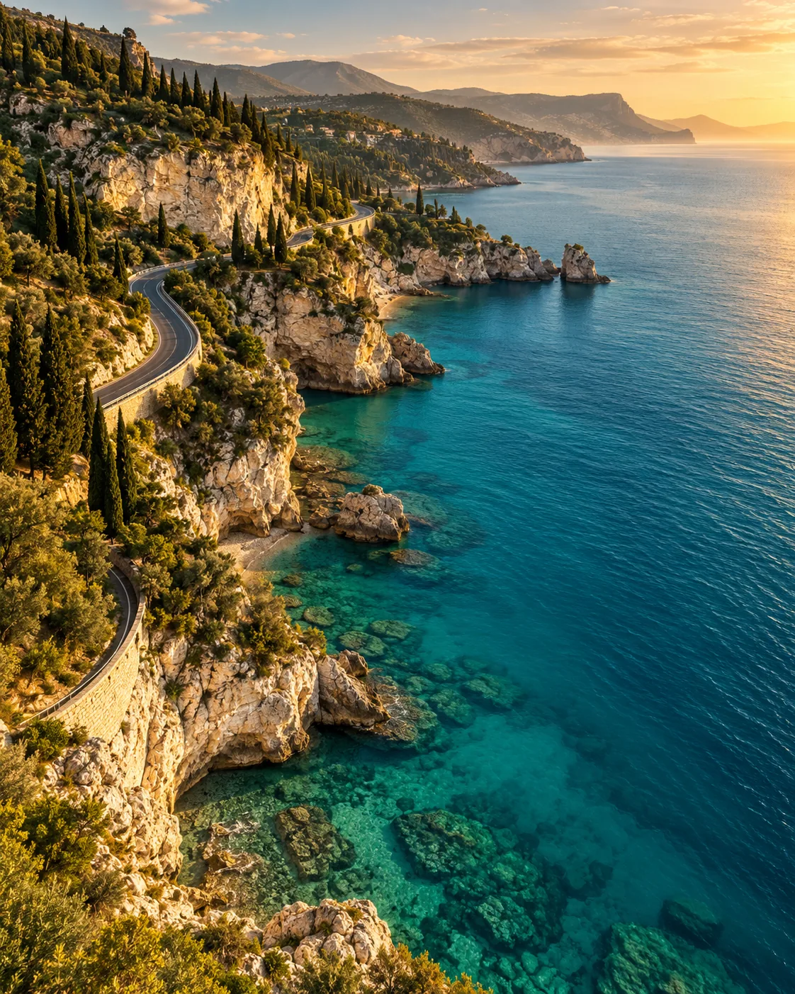 A winding coastal road beside turquoise water and sunlit cliffs